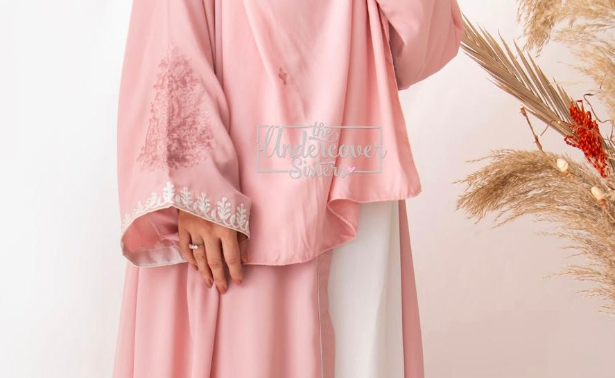 Embroidered Hijab & Naqab Set-Pastel Pink